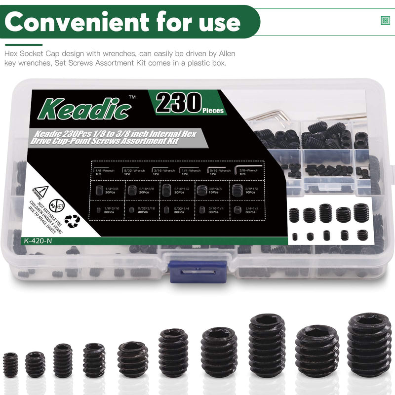 [Australia - AusPower] - Keadic 236Pcs 1/8 to 3/8 inch Internal Hex Drive Cup-Point Screws Grub Screws Assortment Kit with 6Pcs Wrench, 10 Sizes Set of Screws for Door Handles, Faucet, Light Fixture, 12.9 Class Alloy Steel 236pcs SAE 10 Sizes Cup Point Set Screw kit 