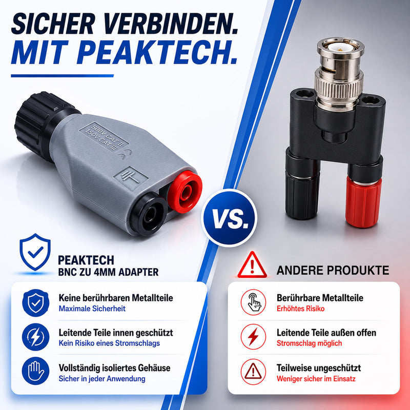 PeakTech 7055 BNC to 4 mm Adapter Plug for Oscilloscopes, Touch-Safe