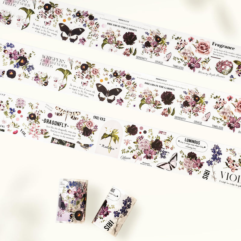 WT Pre-Cut Violet Veil Wide PET Tape, Single Roll, Soft Lilac Blossoms & Misty Backgrounds with Elegant Script, Transparent Decorative Tape for Journaling, Scrapbooking, Planner, DIY Crafts, 65mm x 5m WT Pre-Cut Violet Veil Wide PET Tape
