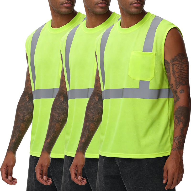 High Visibility Reflective Safety Sleeveless T-Shirt with Pocket, Quick Dry, ANSI Wicking Polyester Birdseye, 3PCS, Yellow, L Large Yellow-sleeveless-3pcs