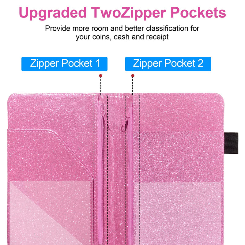 [Australia - AusPower] - Server Book with 2 Zipper Pockets, Leather Server Book Organizer for Waitress, Bling Waiter Book Money Wallet with Pen Holder, Guest Check Presenter, Restaurant Waitstaff Organizer, Glitter Pink 