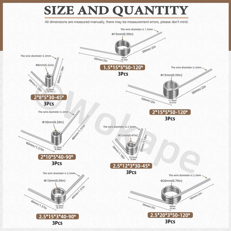 [Australia - AusPower] - 45pcs 15 Sizes Stainless Steel Tiny Torsion Spring Set, 0.5/1 /1.5/2 /2.5mm Wire Diameter 45°& 90°& 120°Torsion Spring for Woodworking Maintenance and DIY 