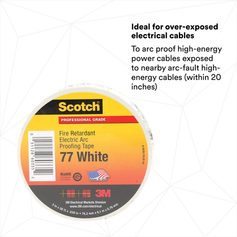 3M Scotch Fire-Retardant Electric Arc Proofing Tape 77W, 3 in x 20 ft, White/Gray 3" x 20' White-Gray