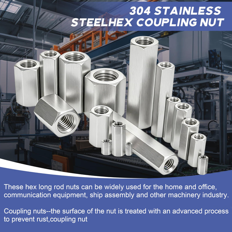 8 Pcs 304 Stainless Steel hex Coupling Nuts M16 x 2.0-Pitch 30mm ，Stainless Steel Rod Coupling Nuts(Metric) M16x2x30MM 8