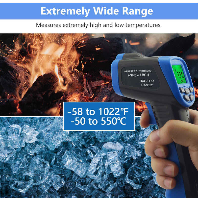 [Australia - AusPower] - HOLDPEAK 981C Digital Laser Infrared Thermometer Non Contact, IR Heat Temperature Gun Instant-Read -58 to 1022℉ (-50 to 550℃) for Cooking, Grill, Pizza Oven, Griddle, Engine, HVAC, Not for Human 2-981C IR Therometer-(DSR:12:1, -58～1022℉) 