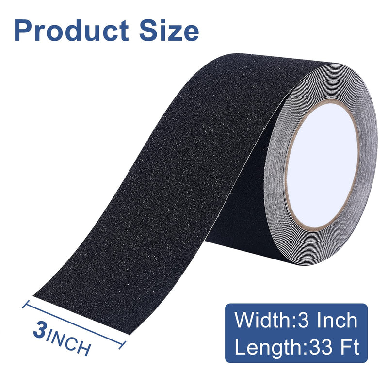 Grip Tape 3 Inch x 33 Ft, Heavy Duty Anti Slip Tape for Stairs, Strong Friction Non Skid Tape with Emery, Waterproof Grip Tape for Indoor, Outdoor, Step Treads, Black
