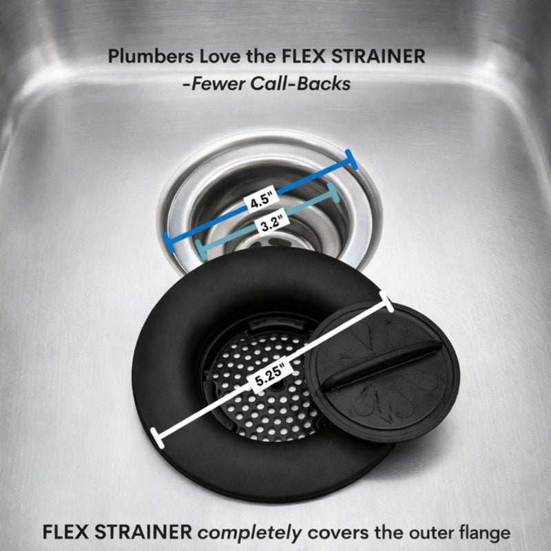 Flex Strainer® Sink Drain Strainer with Optional Stopper – No Center Stem, Fits Standard 3½” Sink Drains & Disposals – Easy Clean, Dishwasher Safe – Made in USA – Black, 2-Pack 2PK