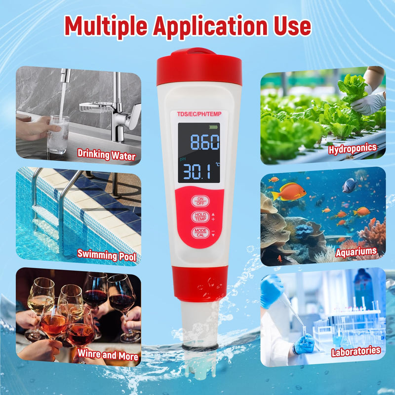 [Australia - AusPower] - Digital Pool Water PH Tester - Multifunctional 4 in 1 PH Meter for Water/TDS/EC/Thermometer, TDS EC Meter Digital Water Tester with LCD Display for Drinking Water Swimming Pools Aquariums Hydroponics 