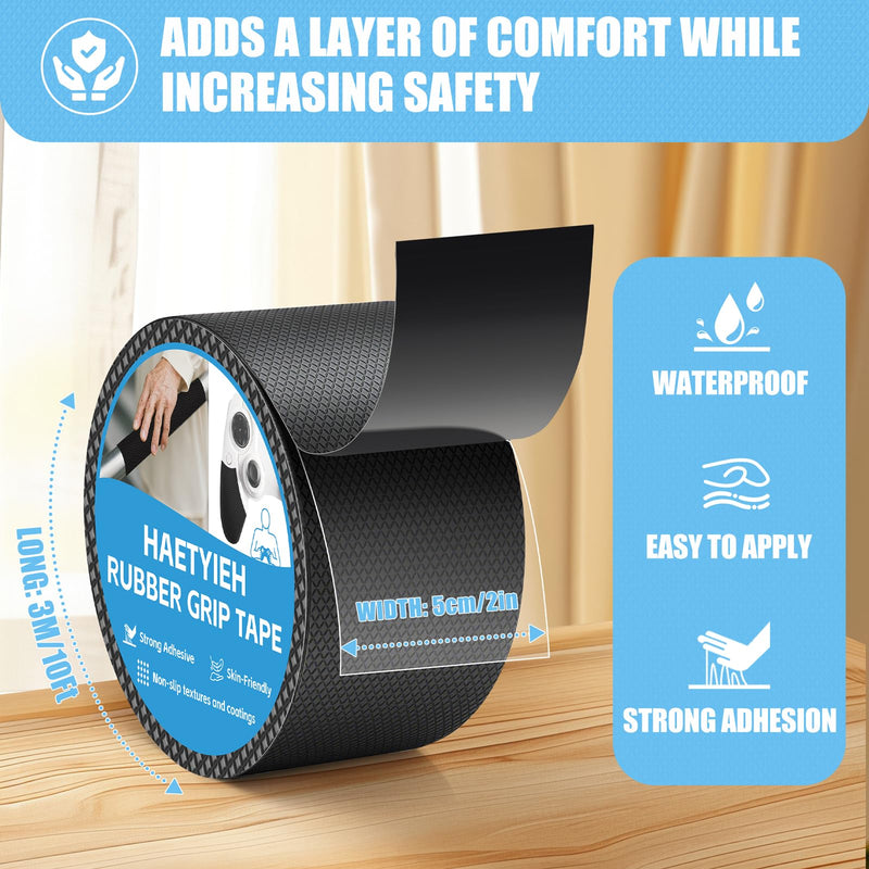 Rubber Grip Tape Non Slip, Self-Adhesive Rubber Tape, High-Friction Texture for Enhanced Safety and Comfort on Handles or Contact Surfaces, Waterproof and Durable (2 in x 10 Ft, Black) 2 In x 10 Ft