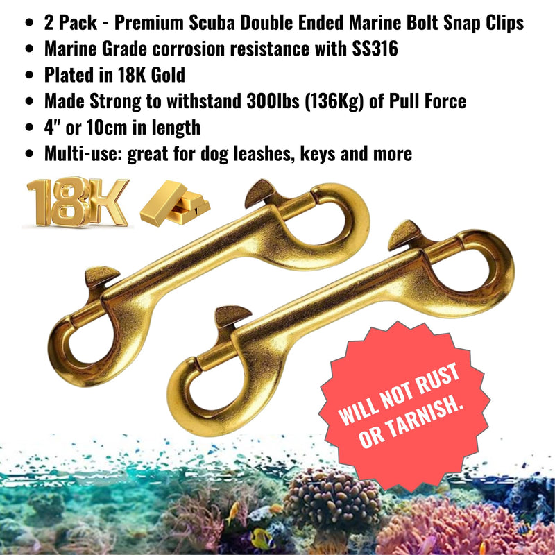 [Australia - AusPower] - Marine Grade 4" (100mm) Double Ended Clips/Bolt Snaps with SS316 Spring 4" (100mm) 18K Gold on Stainless Steel - 2pk 