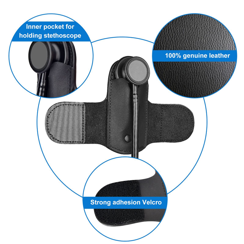 [Australia - AusPower] - Stethoscope Holder with Genuine Leather for Littmann, Most Stethoscope, Stethoscope Holder Hip Clip Holster Accessories for Scrubs for Physicians Students Nurses EMT Right-hand (Black) Black 