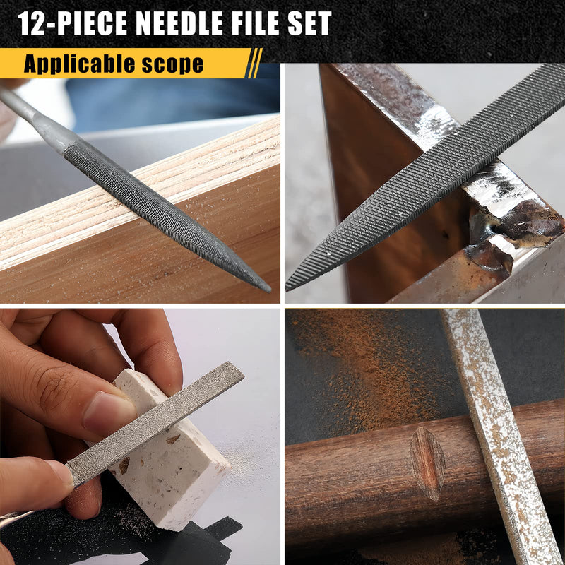 [Australia - AusPower] - 12PCS Needle File Set with Tool Bag, Small File Set Includes 6pcs Jewlers Files & 6 Steel Files for Metal, Jewlers, Wood, Leather and Plastic Needle File - 12 pcs 