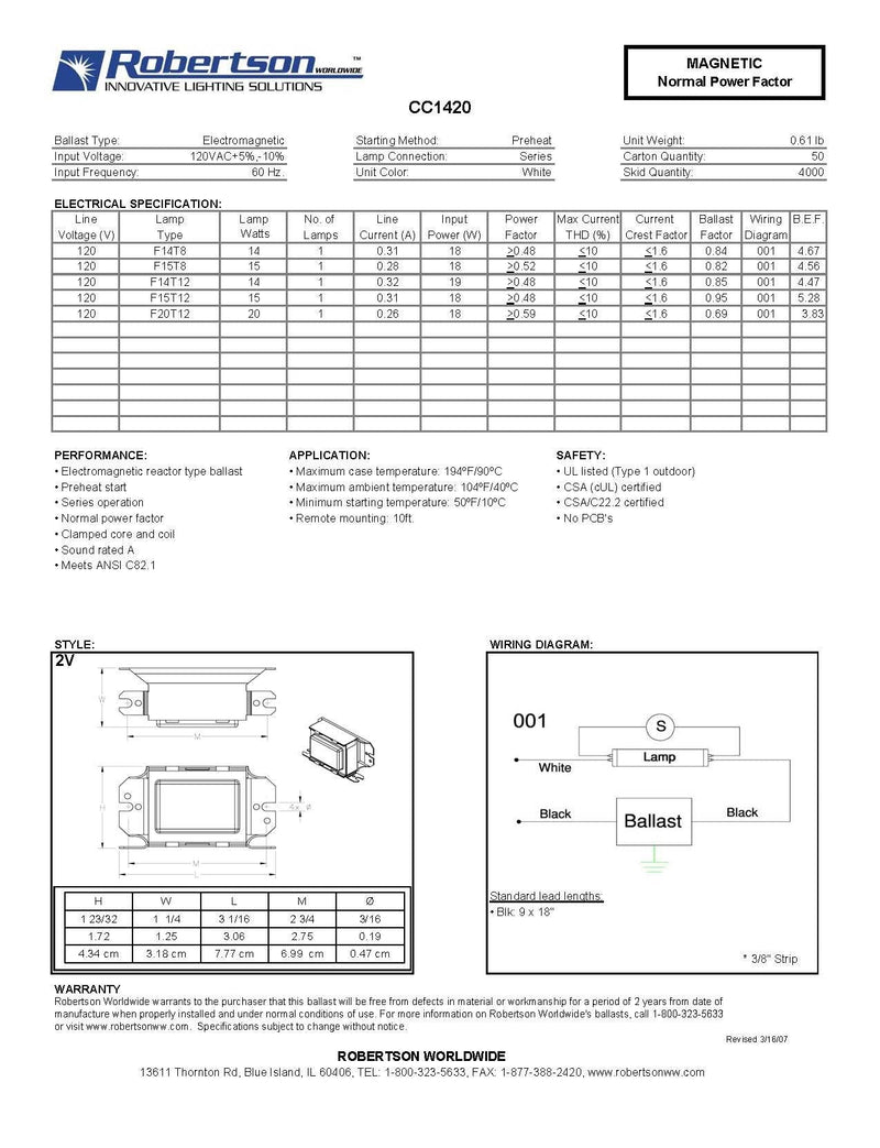 [Australia - AusPower] - ROBERTSON 3P10061 CC1420 AM Fluorescent mBallast, Preheat Start, 120Vac, 60Hz, NPF; Operates the following lamps 1 F14T8, F15T8, F14T12, F15T12, F20T12, 