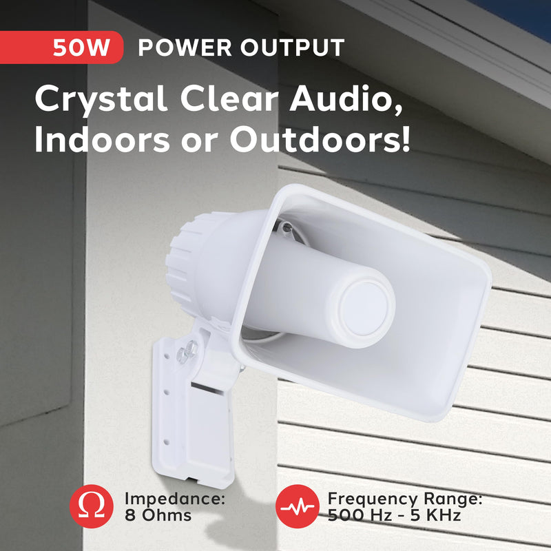 [Australia - AusPower] - Pyle Indoor / Outdoor PA Horn Speaker - 6” Portable PA Speaker With 8 Ohms Impedance & 50 Watts Peak Power - Mounting Bracket & Hardware Included - Pyle PHSP4 White 