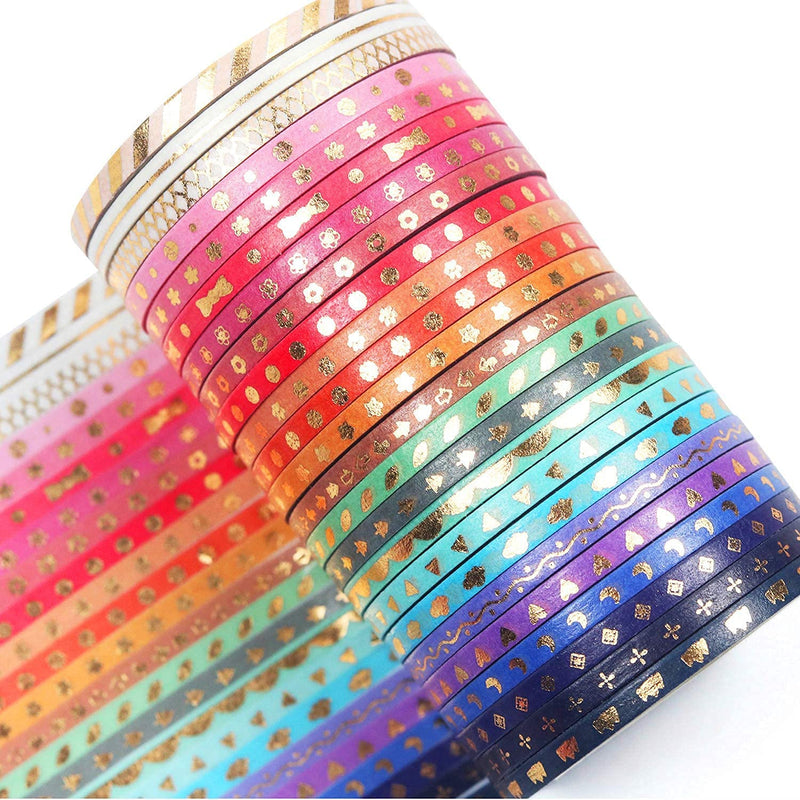 24 Rolls Washi Tape Set Foil Gold Skinny Decorative Masking Tape 3MM Wide Scrapbook Tape for DIY Craft Art Projects Journal Gift Wrapping