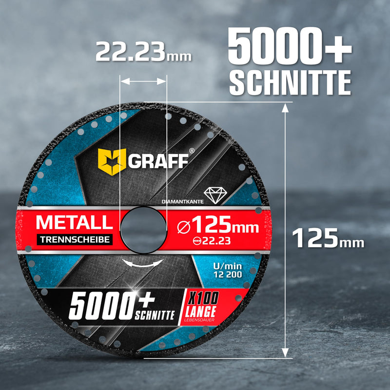 [Australia - AusPower] - Angle Grinder Cutting Disc 125/115 Metal GRAFF Black, Diamond Cutting Disc for Thin-Walled Metal, Metal Brackets, Metal Pipes and Profiles, Iron, Cast Materials, Diamond Edge Diameter: 125 mm 