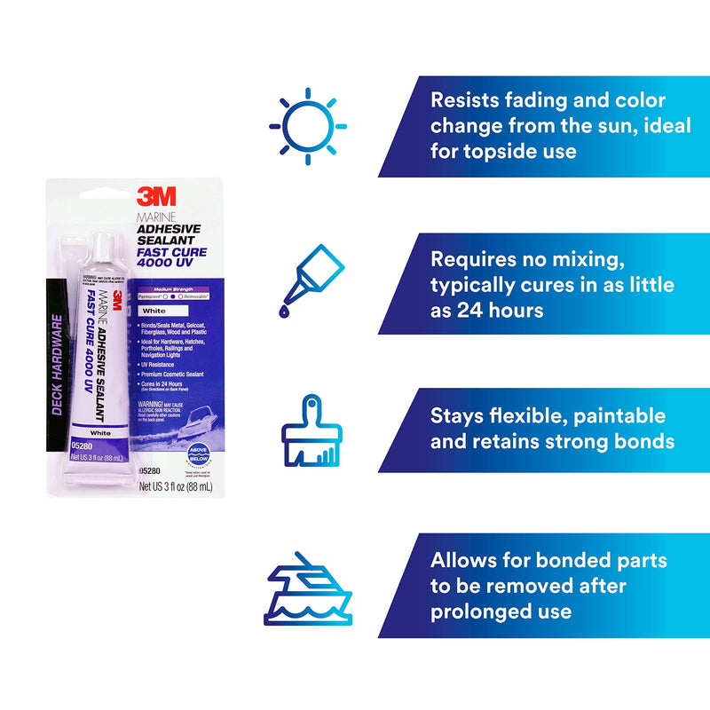 [Australia - AusPower] - 3M Marine Adhesive Sealant 4000 UV (05280), Medium Strength Flexible Waterproof Adhesive Sealant for Boats and RVs, UV Resistant, Cures in 24 Hours, White, 3 fl oz Tube 