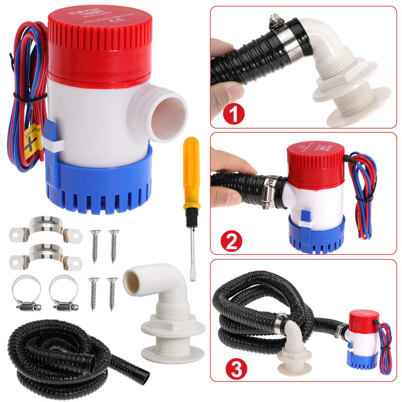 Boat Bilge Plumbing Kit 1-1/8 Inch Dia 12V Non-automatic Bilge Pump kit 1100 GPH with 6FT PVC Bilge Pump Hose (90 Degree Elbow) 90 Degree Elbow