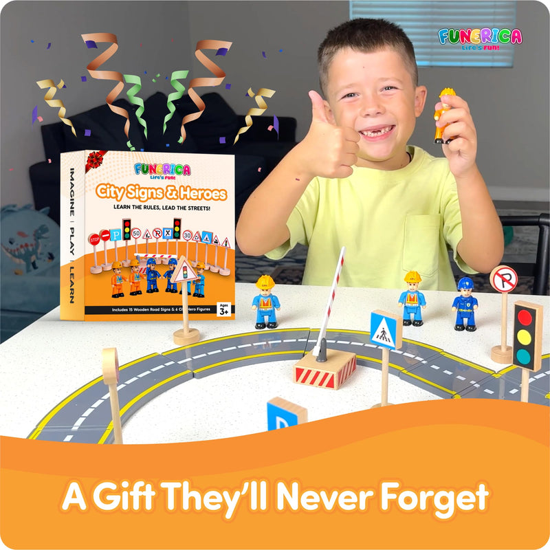 Wooden Traffic Signs & Community Helper Figures Toy Set – Includes Police, City & Construction Workers, Road Signs & Traffic Lights – Works with Train Tracks, Toy Cars, Play Rugs & Mats – Ages 3–10