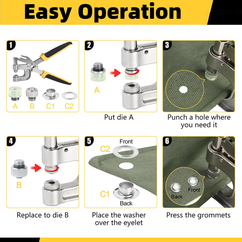 [Australia - AusPower] - Grommet Tool Kit w/Built-in Grommet Punch - 1/4 inch Tarp Grommet Kit, 6mm Grommet Tool Heavy Duty with 200pcs Copper Grommets, Eyelet Tool for Fabric Leather Clothes 