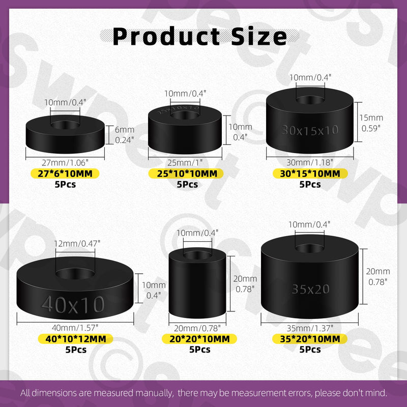 Swpeet 30Pcs 6 Sizes Round Spacer Assortment Kit, 10/12mm Anti Vibration Black Rubber Washers Kit, Neoprene Spacer Multi Purpose Thick Rubber Grommets for Home and Car Accessories Styles NO.3