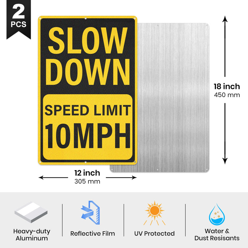 Slow Down Speed Limit 10 MPH Sign 12 x 18 Inches Reflective Aluminum Metal Traffic Sign Rust-Free Warning Signs for Driveway Parking Lots Neighborhoods Campground 2 Pack Yellow