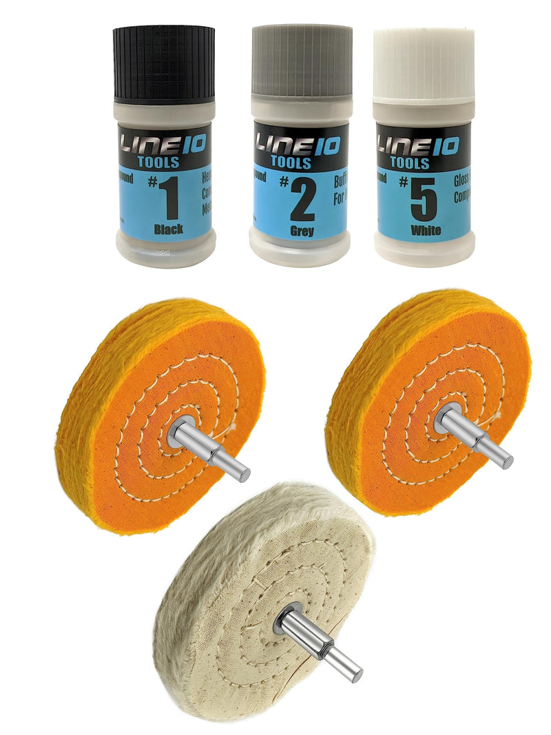 [Australia - AusPower] - LINE10 Tools Metal Buffing Polishing Kit for Drill 4" Buffing Wheels, 3-Step Polishing Compound for Aluminum, Chrome, Stainless Steel Perfect for Auto Wheel, Rim, Trim, Jewelry, Golf Club Restoration 