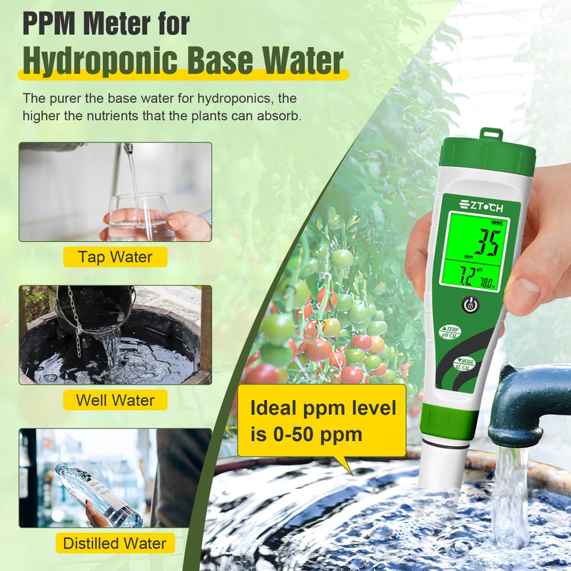 [Australia - AusPower] - pH EC TDS Meter for Water Hydroponic Nutrient with 8.4oz pH 4.00 Calibration Solution and 8.4oz pH 7.00 Calibration Solution, 4 in 1 pH Conductivity PPM Tester with Simultaneous Display 
