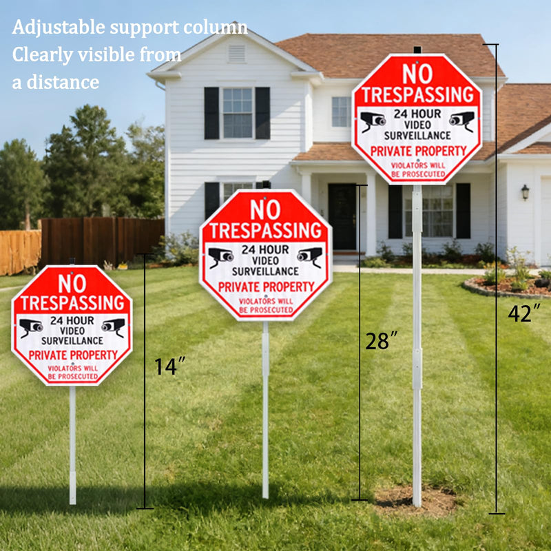 Large No Trespassing Signs Private Property Video Surveillance Sign with 42" Stake for Outside - 3 Pack - 12"x12" Engineering Grade Reflective Film, 050 Rust Free Aluminum, Reflective, Waterproof, Fade