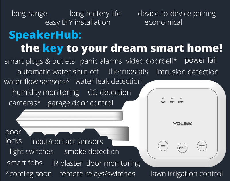 YoLink SpeakerHub & One Motion Sensor Smart Home and Security Kit – Audio Hub Plays Tones/Sounds, Spoken Messages, LoRa-Powered ¼ Mile Range, WiFi Required Indoor IPR, 1-Pack