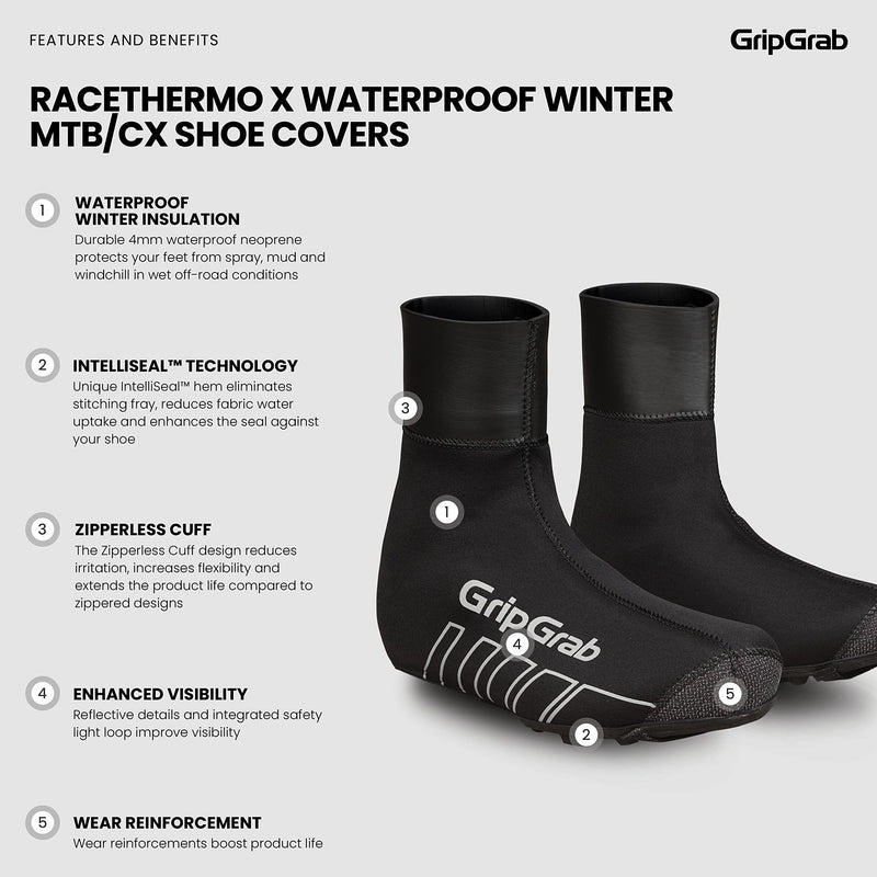 GripGrab RaceThermo X Waterproof Winter MTB Gravel Cycling Overshoes Thermal Neoprene Offroad Mountain Bike Shoe Covers Black XX-Large (12-13)