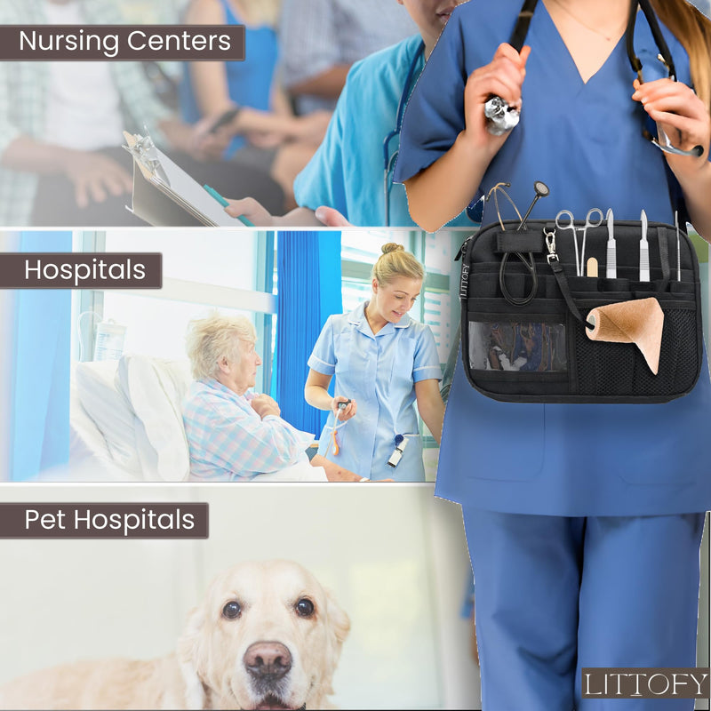 [Australia - AusPower] - Nurse Fanny Pack Black – Washable Unisex Crossbody Waist Bag with Extra-Wide Adjustable Strap, Multi-Compartment Organizer Pockets for Medical Supplies, Students, Doctors & Everyday Use 