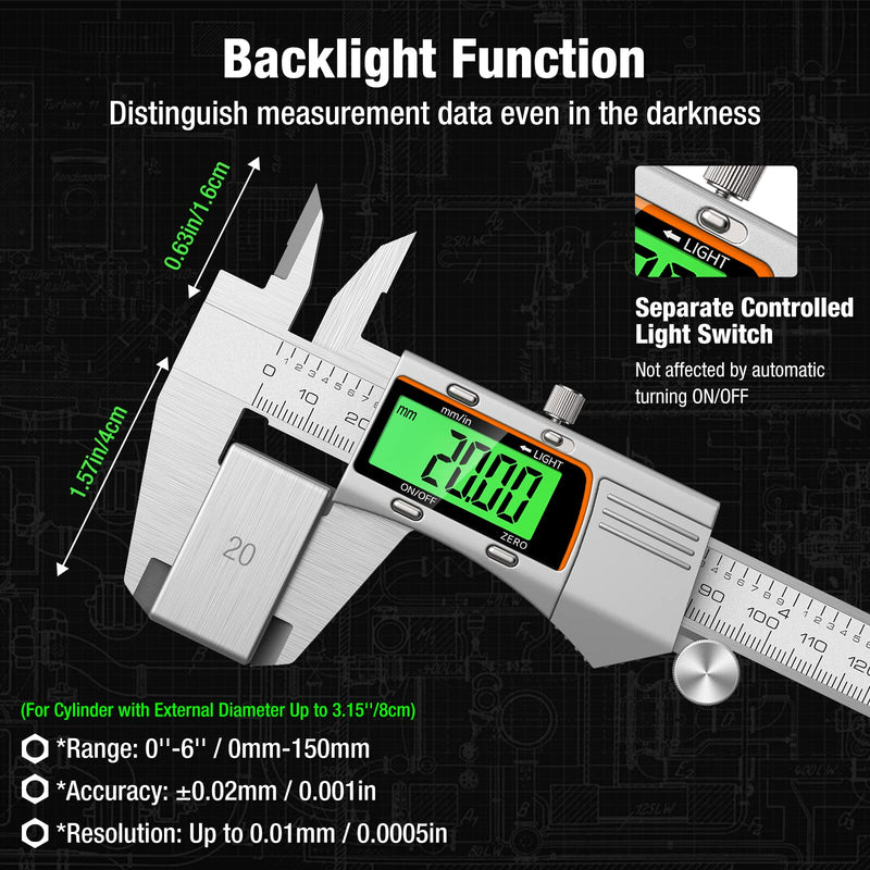 [Australia - AusPower] - Digital Caliper 6 inch 150mm Micrometer Caliper All Stainless Steel Electronic Diameter Measuring Tool with Large LCD Screen for Household/Jewelers/DIY 