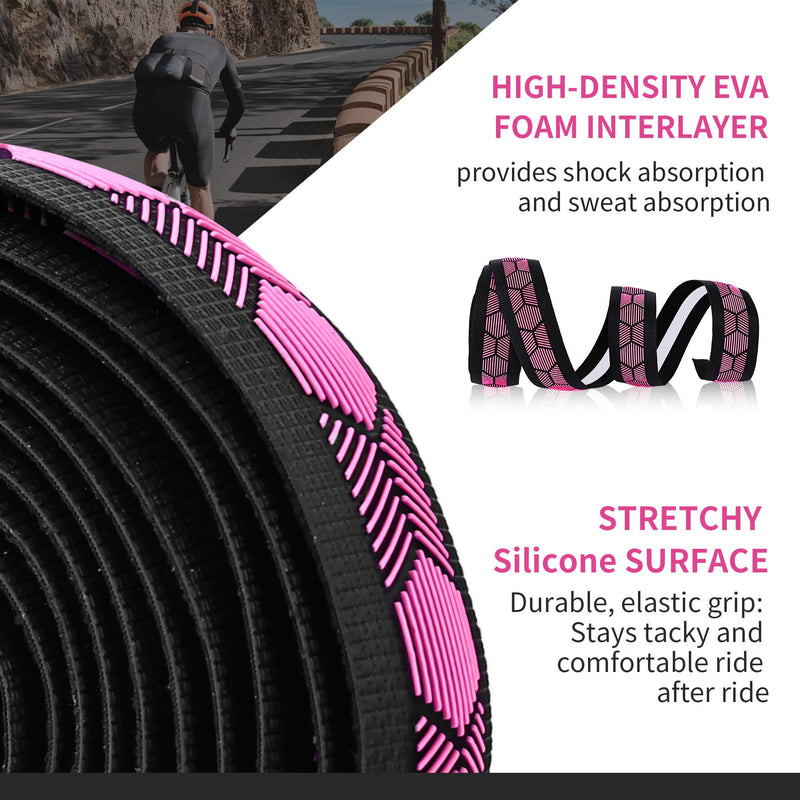 Silicone 3D Honeycomb Chevron Bike Handlebar Tape, Anti-Slip Shock-Absorbing Bar Wrap for Road/Gravel Drop Bars, Sweat-Resistant, Easy-Clean, with End Plugs (Black Pink) Black Pink