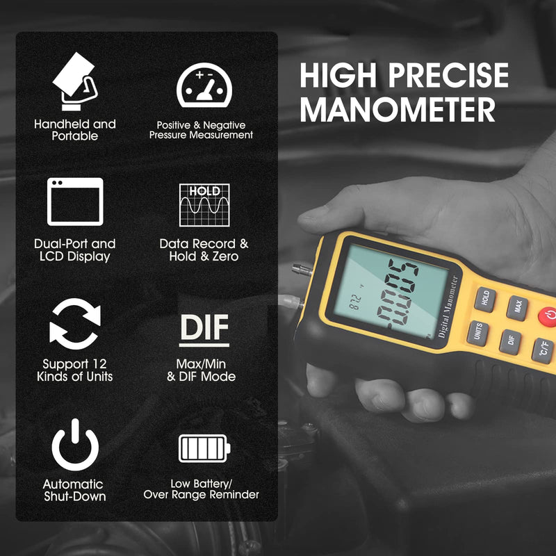 [Australia - AusPower] - Manometer Gas Pressure Tester, Digital HVAC Manometer Dual-Port Air Pressure Meter with Backlight and Data Record Function, Professional Differential Pressure Gauge with 12 Measure Units 
