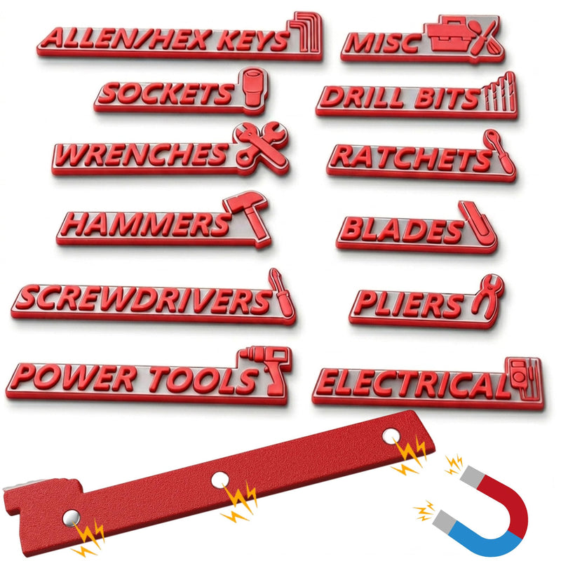 Magnetic Tool Box Labels, 12 PCS 3D Raised Toolbox Drawer Labels with Strong Magnets, Reusable Tool Chest Organizer Labels for Garage Cabinets (Gray Background with red Text) Gray Background With Red Text