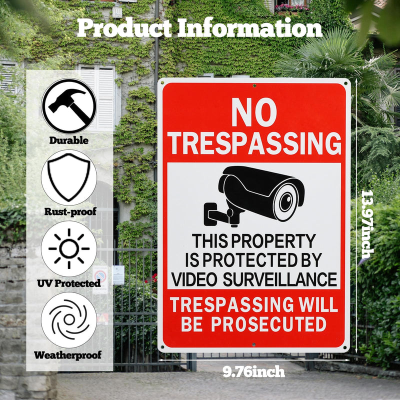 4 Pack No Trespassing Signs Private Property Video Surveillance Sign 14x10 Inches Reflective Aluminum Security Camera Signs Warning for Outdoor Indoor Yard 4