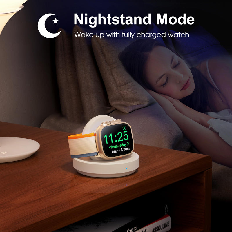 [Australia - AusPower] - Portable Magnetic Charging Dock for Apple Watch, Wireless Fast Watch Charger Stand with Charging Cable, Support Nightstand Mode, Compatible with Apple Watch Series 9 8 7 SE 6 5 4 3 2-White White 