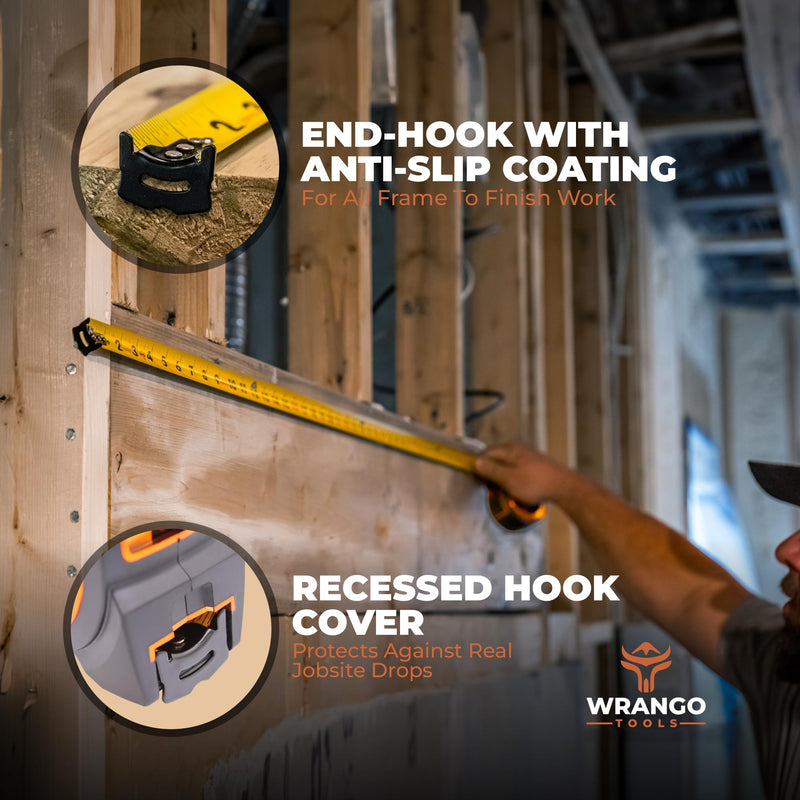 Wrango Tools 30 FT Tape Measure - Retractable Measuring Tape - Oversized & Double-Sided Print - Blade Lock, Finger Brake - High Performance Nylon Coating, 10' Stand-Out - 13' Reach / 1-1/16" Blade Single