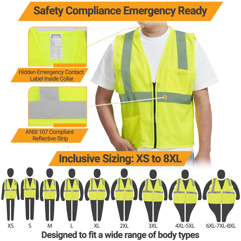 AYKRM 2 Pocket Mesh High Visibility Reflective Safety Vest for men & Women ANSI/ISEA 107 Standards Yellow X-Small