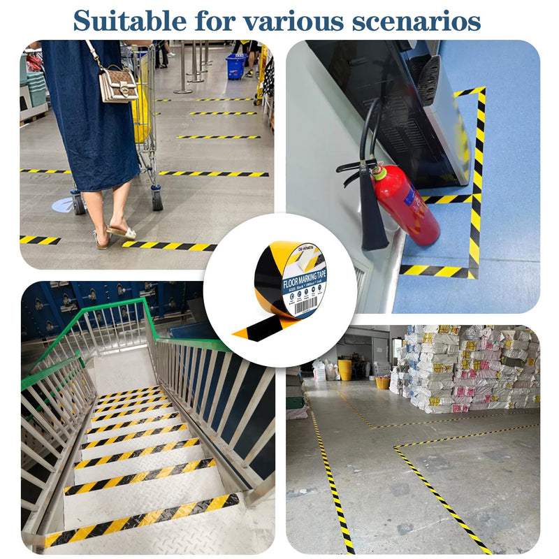 Black & Yellow Caution Tape 2" x108FT Reflective Floor Tape Waterproof, Easy to Apply & Remove, No Residue Safety Tape for Equipment, Danger Zones, Industrial Floor Marking