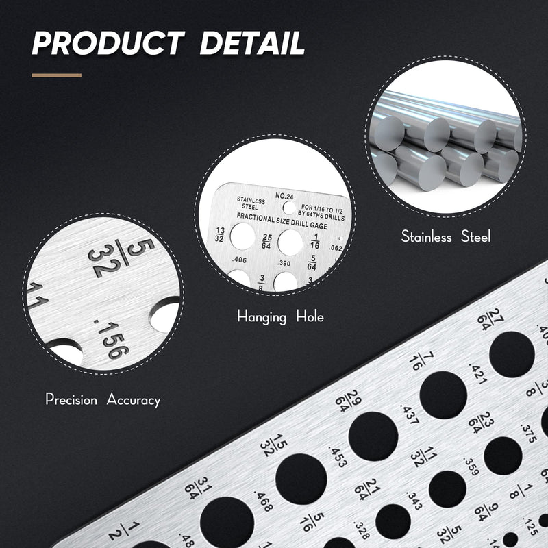 [Australia - AusPower] - Weewooday Stainless Steel Drill Gauges for 1/16 Inch to 1/2 Inch Size Bits, 17/64-1/2 0.062-0.250 Bolt and Wire Diameter Index Gauge, 29-Hole Use for Accurate Measurement Equivalents(Silver) Silver 