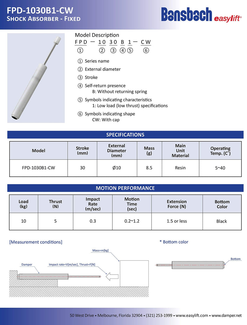 [Australia - AusPower] - Bansbach Easylift FPD-1030B1-CW Shock Absorbers/Linear Dampers, 106.1 mm x 10 mm x 8 mm 