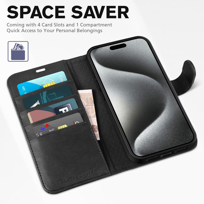 [Australia - AusPower] - TUCCH Case Wallet for iPhone 15 Pro Max, RFID Blocking 4 Card Holder Kickstand Shockproof TPU Inner Case, PU Leather Magnetic Flip Folio Cover, Black 