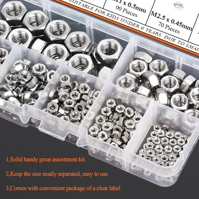 [Australia - AusPower] - 360 Pieces 7 Sizes 304 Stainless Steel Hex Nuts Assortment Kit (M2 M2.5 M3 M4 M5 M6 M8) 