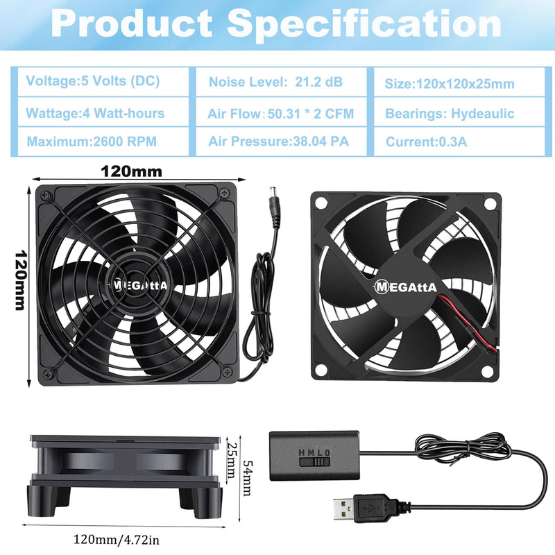 [Australia - AusPower] - 120 x 25mm 5V USB Portable Cooling Fan,External USB Extreme Heat Dissipation Fan,Cooling for Receiver,Raspberry, PlayStation, Game Consoles, Fiber Modem, Internet Gateway,Cabinet (2PCS) 120x25mm(2pcs) 