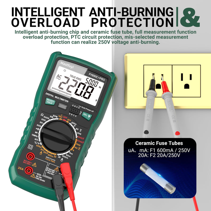 [Australia - AusPower] - Digital Multimeter, Solar Multimeter, Automotive Multimeter 2000V AC/DC Voltage, 20A AC/DC Current, Non-Contact Voltage Tester TRMS 6000 Smart Burnout-Proof Electrical Tester 
