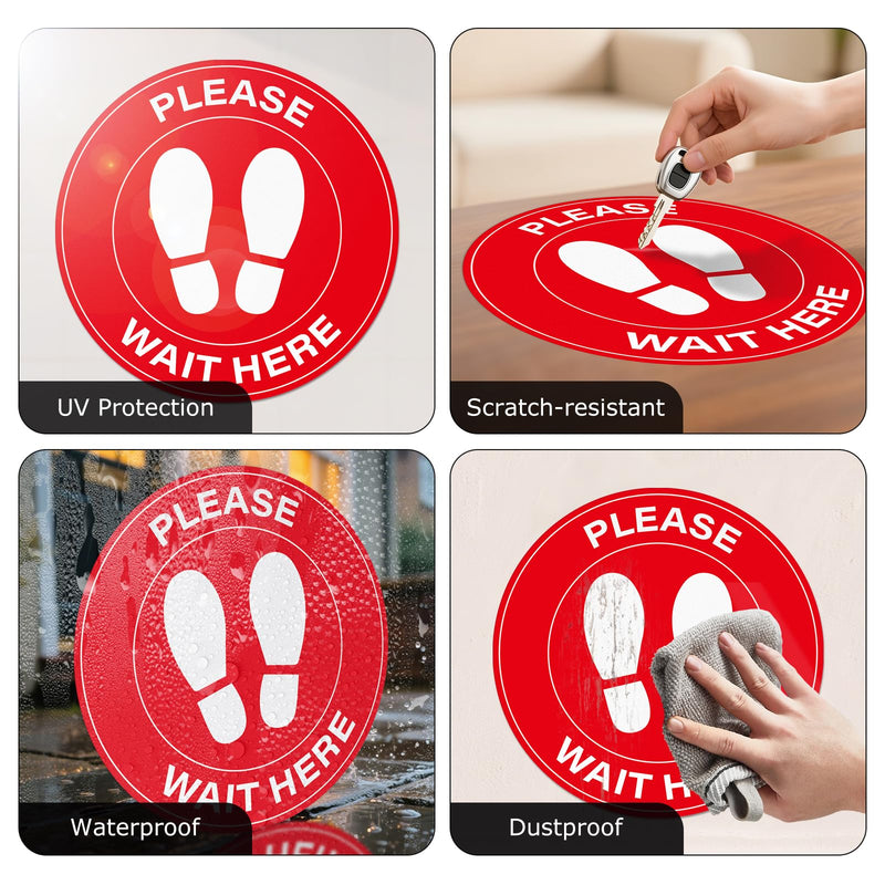 20 Pack Please Wait Here Sign 10 Inch Self Adhesive Waterproof Vinyl Wait Here Floor Stickers for Office Warehouse Classroom Clinic Indoor Outdoor