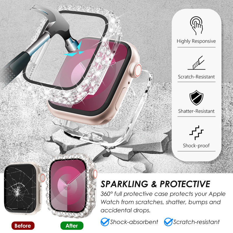 [Australia - AusPower] - Surace 2 in 1 Waterproof Bling Case Compatible for Apple Watch Series 9 Series 8 Series 7 41mm Screen Protector, Lace Edge Diamond Protective Bumper Face Cover for iWatch Accessories Women 41mm, Clear Waterproof-Clear 