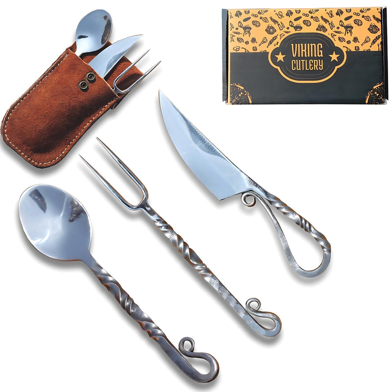 Customize Viking 3-Piece Medieval Cutlery Set, Hand Forged Feasting Set, Twisted Pattern Eating Utensils, Carbon Steel Flatware With Leather Pouch